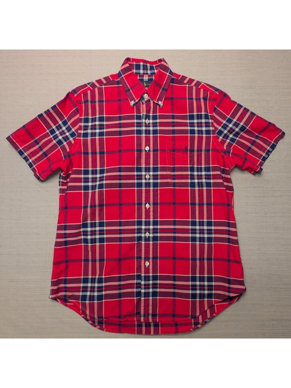 Ralph Lauren Mens Bright Red Navy Plaid Short Sleeve Button Down Collar Button M